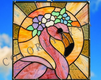 Motivo a vetrata con fenicottero e corona di fiori, acchiappasole al tramonto con uccelli tropicali, modello PDF SVG (L221BI)