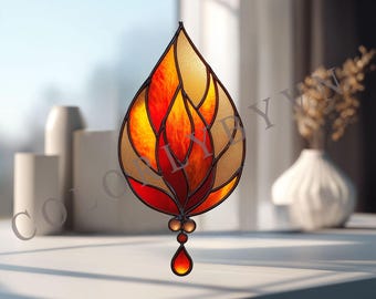 Phoenix Flame Stained Glass Pattern: Fiery Teardrop Suncatcher Template (SVG PDF PNG)