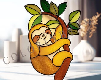 Cute Sloth Stained Glass Suncatcher Pattern, Sleeping Sloth on Tree Glass Art Template | Animal Window Hanging PDF SVG (L226AN)