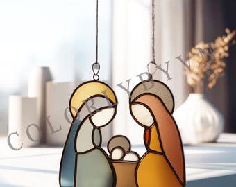 Nativity Stained Glass Pattern – Holy Family Christmas Suncatcher Digital Template, Instant download PDF PNG SVG (L32TO)
