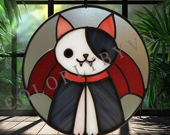Vampire Cat Stained Glass Pattern, Halloween Suncatcher Template (PDF, PNG, SVG, L289HA)
