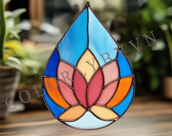 Lotus Stained Glass Pattern, Teardrop Floral Suncatcher Template, Natural Window Hanging Design PDF, PNG (L3.197PA)
