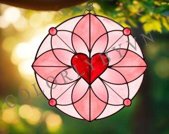 Heart Mandala Stained Glass Pattern, Floral Heart Suncatcher Window Hanging, Romantic Love Glass Art, Instant Download (L55VA)