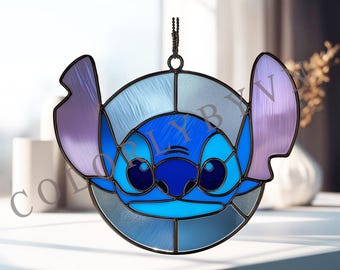 Stitch Stained Glass Pattern, Cute Blue Alien Window Hanging, DIY Glass Art Template, Cartoon Suncatcher Design (L213AN)