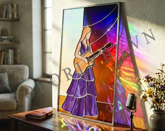Girl Guitar Stained Glass Pattern, oho Singer Window Panel, Music Lover Glass Art, Female Musician Suncatcher, Digital Download (L12FR)