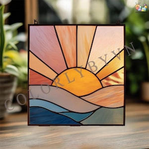 May include: A stained glass panel depicting a sunset over the ocean. The sun is a bright yellow, with rays of orange, peach, and white. The ocean is represented by blue and gray waves. The panel is framed in a dark brown metal.