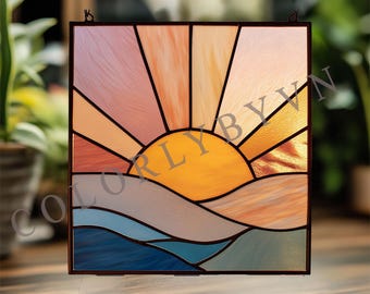 Sunrise Ocean Square Stained Glass Panel Pattern, Landscape Suncatcher Template, Beginner PDF SVG Design(L3GE43)