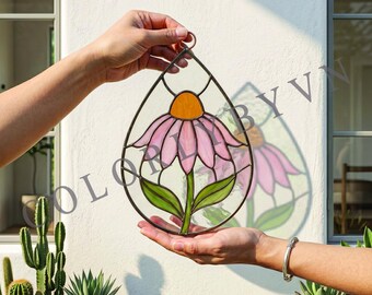Modello per vetrata artistica con echinacea rosa, acchiappasole a goccia con fiore di echinacea, modello botanico per arte su vetro (L226FL)