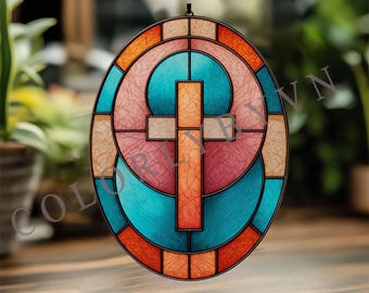 Oval Cross Stained Glass Pattern | Christian Suncatcher Template | Modern Religious Glass Art Design for Faith Home Decor (L24TO)