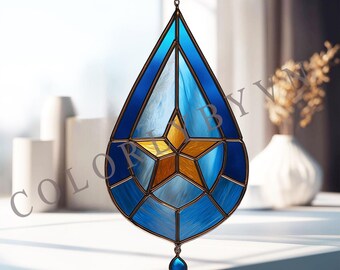 Compass Star Stained Glass Pattern PDF PNG, Teardrop Nautical Suncatcher Template, Modern Geometric Glass Art(L117TH)