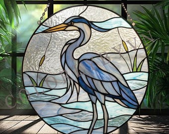 Blue Heron Stained Glass Pattern Round Panel, Round Water Bird Glass Art Template PDF SVG (L240BI)