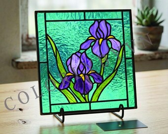 Iris Stained Glass Pattern, Purple Flower Panel Template,  DIY Floral Window Decor (L210FL)
