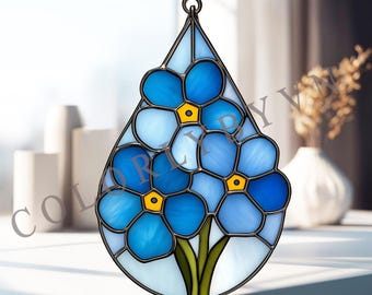 Vergissmeinnicht-Buntglas-Muster, Blaue Blume Suncatcher-Vorlage, Florale Träne Glasmalerei PDF, DIY-Fensterbehang (L211PA)