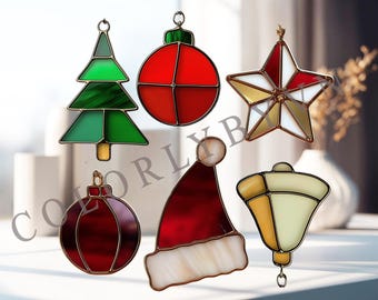 Set of 6 Mini Christmas Ornament Stained Glass Patterns: Xmas tree, Bell, Star, Santa Hat, Baubles  Suncatcher Templates (L3.CH155)