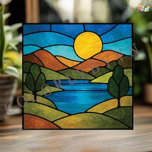 Mönster av målat glas i bergslandskap, glaskonst med solnedgång och sjö, naturskön fönsterpanel (L288PAL)