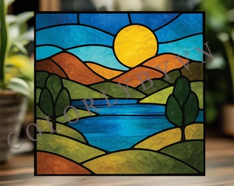 Mountain Landscape Stained Glass Pattern, Sunset Lake Glass Art, Scenic Window Panel (L288PAL)