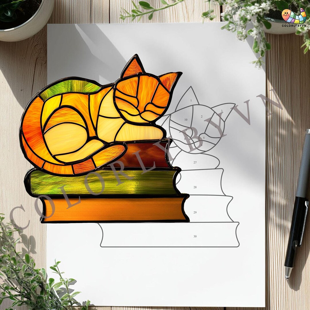 Cat on Books Stained Glass Pattern, Sleeping Cat Suncatcher Template ...