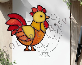Rooster Stained Glass Pattern, Chicken Suncatcher Template, Farm Animal Glass Art Design, PDF SVG Download (L214AN)