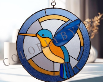 Hummingbird Stained Glass Pattern, Round Suncatcher Template, DIY Window Hanging Design, Digital Download for Glass Artists (L90BI)
