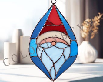 Santa Claus Stained Glass Pattern: Christmas Teardrop Suncatcher Template (PDF, PNG, SVG), Holiday Window Hanging Design
