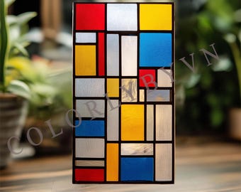 Geometric Stained Glass Panel Pattern: Mondrian Style Abstract Window Panel, Instant Download PDF PNG (L3.66GE)