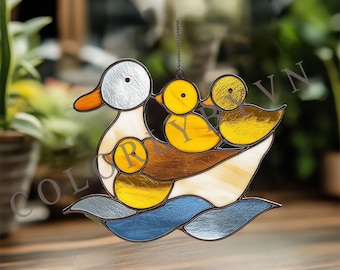 Duck Family Stained Glass Pattern, Mother Duck & Ducklings Suncatcher Template, Cute Animal DIY Glass Art Design PDF SVG  (L153BI)