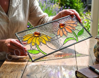 Motivo a vetrata con echinacea, pannello orizzontale con fiori di echinacea, arte su vetro con fiori selvatici, decorazione fai da te per finestre (L225FL)