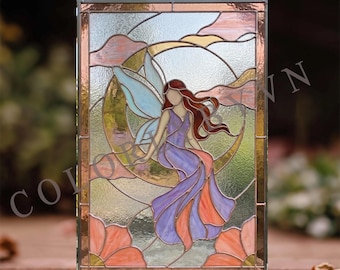 Motivo a vetrata con fata della luna, pannello fatato in stile Art Nouveau, download digitale (PDF, SVG, PNG, L77FA)