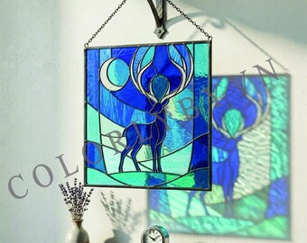 Deer Stained Glass Pattern, Moonlight Stag Suncatcher, Forest Night Glass Art, Woodland Animal Panel, Instant Download  (L290PAL)