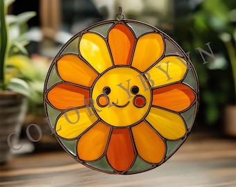 Sunflower Stained Glass Pattern: Sun Suncatcher Template, Diy Floral Glass Art Design PDF SVG Download (L78TH)