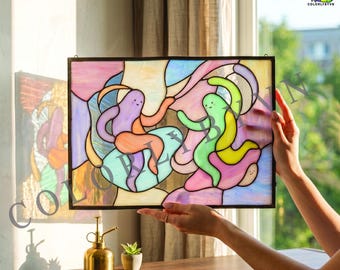 Funny Stained Glass Pattern, Cute Dancing Blob Characters, Playful Pastel Suncatcher,  Abstract Glass Design (L198TH)