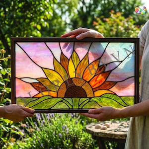 May include: Stained glass panel depicting a sunflower. The artwork features a bright sunflower with yellow, orange, and brown petals, set against a pink and blue sky. The panel is framed in a dark brown border and held by two hands.