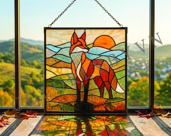 Fox Stained Glass Pattern, Sunset Landscape Suncatcher, Woodland Animal Glass Art, Nature Fox Design (L282PAL)