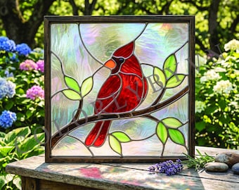 Cardinal Stained Glass Pattern, Red Bird Suncatcher Template, Window Panel PDF SVG (L270BI)