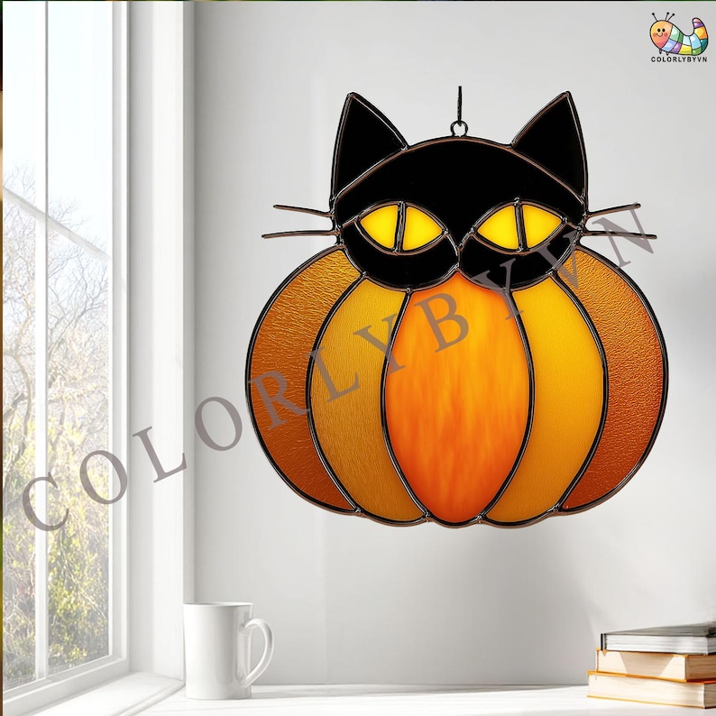Black Cat Pumpkin Stained Glass Pattern: Halloween Suncatcher Template ...