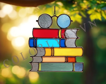 Books and Glasses Stained Glass Pattern, Reading Suncatcher Template, Book Lover DIY Glass Art PDF, Library Decor Gift