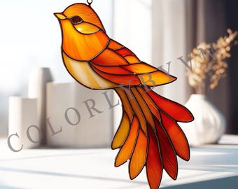 Flying Phoenix Stained Glass Pattern, Whimsical Bird Suncatcher Design, Fire Bird Fantasy Template PDF SVG PNG. ( L35BI)