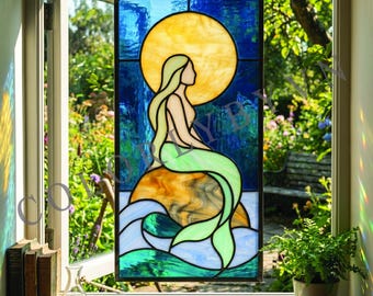 Moonlight Mermaid Stained Glass Pattern, Ocean Suncatcher Template, Fantasy Glass Art (PDF, SVG, PNG, L22FR)