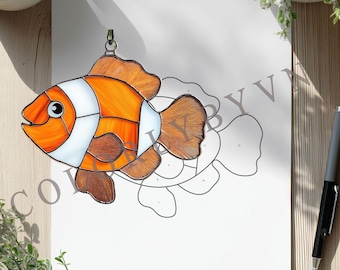 Clownfish Stained Glass Pattern, Fish Suncatcher Template, Ocean Sea Life Glass Art Design PDF SVG (L73OC)