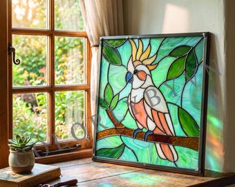 Cockatoo Stained Glass Pattern, Tropical Bird Suncatcher Template, Parrot Window Panel Design (PDF SVG, L265BI)