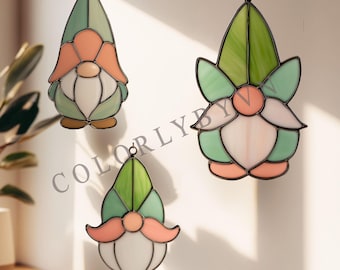 Set of 3 Tulip Gnome Stained Glass Patterns: Whimsical Floral Spring Suncatcher Template, Garden Window Hanging Design PDF PNG SVG