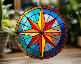 Compass Star Stained Glass Pattern, Geometric Suncatcher Template, Modern DIY Glass Art,  Window Hanging Design PDF PNG (L3GE33)
