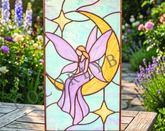 Moon Fairy Stained Glass Pattern, Magical Winged Girl Panel, Fantasy Glass Art, Celestial Decor (PDF, SVG, PNG, L76FA)