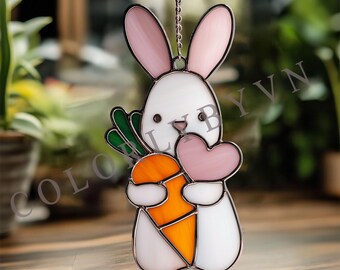 Rabbit with heart & carrot Suncatcher Stained Glass Pattern, Spring Love Suncatcher Design, Digital Download (L34EA)