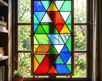 Geometric Stained Glass Pattern, Triangle Mosaic Window Panel, Modern Abstract Suncatcher Template, Colorful Tiffany Glass Art (L74GE)