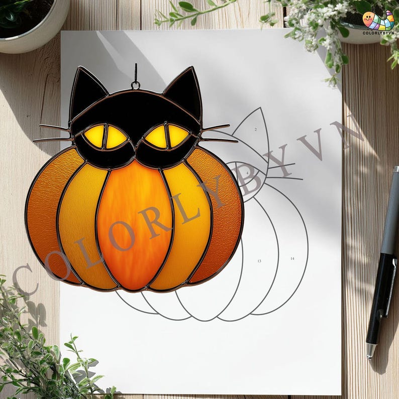 Black Cat Pumpkin Stained Glass Pattern: Halloween Suncatcher Template ...
