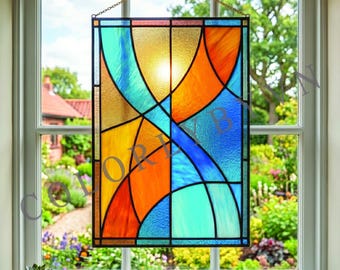Modern Abstract Stained Glass Pattern, Geometric Suncatcher PDF, Colorful Window Panel Template, Digital Download(L65GE)