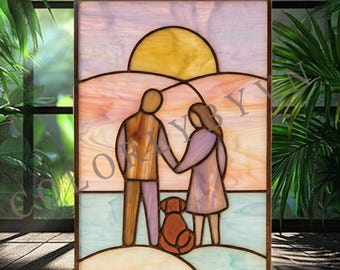 Motivo a tramonto con coppia e cane in vetro colorato, paesaggio familiare romantico, acchiappasole a tema amore (L206THL)