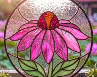 Motivo a vetrata con echinacea rosa, pannello rotondo con echinacea, disegno floreale acchiappasole, modello botanico per arte su vetro (L227FL)