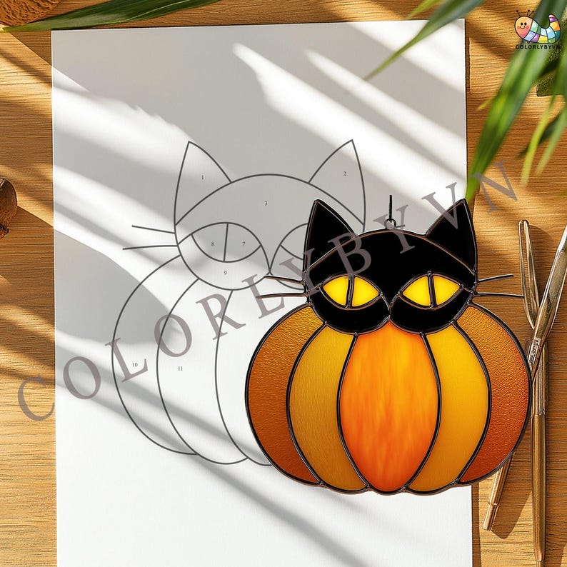 Black Cat Pumpkin Stained Glass Pattern: Halloween Suncatcher Template ...